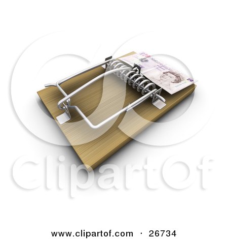 Clipart Illustration of an English Pound On The Edge Of A Mouse Trap by KJ Pargeter