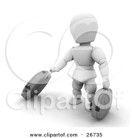Clipart Illustration of a White Character Pulling Along Rolling Gray Suitcases In An Airport by KJ Pargeter