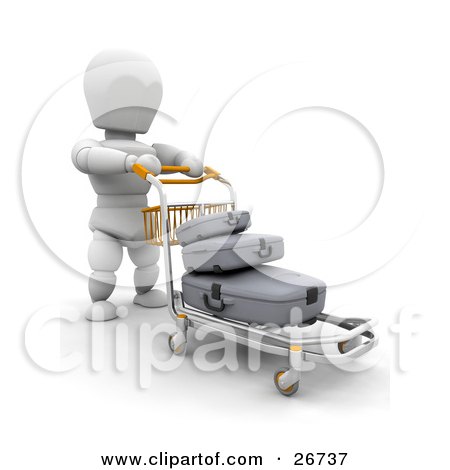 Clipart Illustration of a White Character Pushing His Luggage On A Trolley Through An Airport by KJ Pargeter