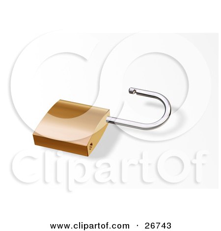 Clipart Illustration of an Opened Golden Padlock Resting On A White Surface by KJ Pargeter