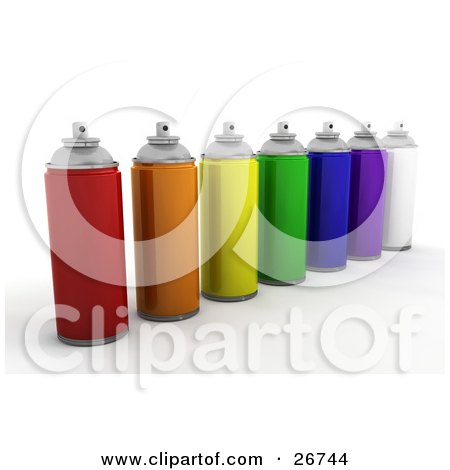Clipart Illustration of Cans Of Red, Orange, Yellow, Green, Blue, Purple And White Spray Paint, On A White Background by KJ Pargeter