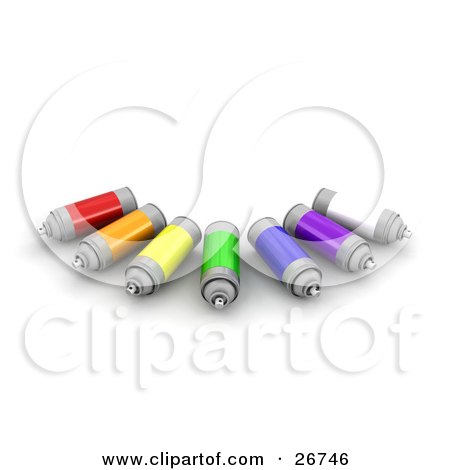 Clipart Illustration of Cans Of White, Purple, Blue, Green, Yellow, Orange And Red Spray Paint Resting On A White Background by KJ Pargeter