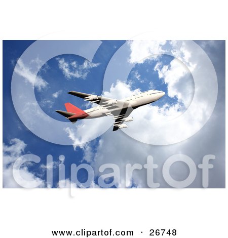 Clipart Illustration of a Red And White Commercial Airliner Flying Through A Blue Cloudy Sky by KJ Pargeter