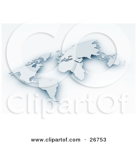 Clipart Illustration of a 3D World Map Of Pale Blue Continents Popping Out Of A White Background by KJ Pargeter