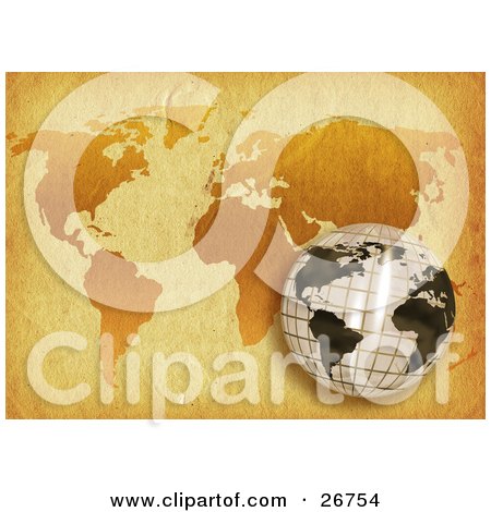 Clipart Illustration of a Grid Patterned White And Black Globe Over A World Map On Antique Parchment Paper by KJ Pargeter