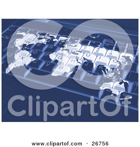 Clipart Illustration of a White World Map Merged On A Dark Blue Laptop Computer Keyboard, Symbolizing International Business Or Travel Booking Online by KJ Pargeter