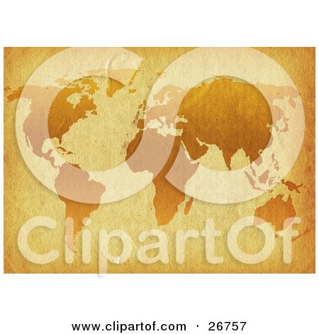 Clipart Illustration of an Orange World Map On Antique Parchment Paper by KJ Pargeter
