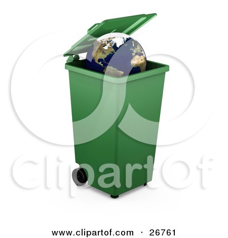 Clipart Illustration of The Earth Inside A Green Recycle Or Trash Bin, Over White by KJ Pargeter