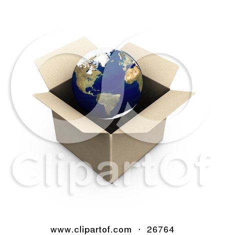 Clipart Illustration of The World In A Cardboard Box, On A White Background by KJ Pargeter