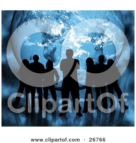 Clipart Illustration of Silhouetted Men And Women Standing In Front Of A Blue Background With Stars And Planet Earth by KJ Pargeter