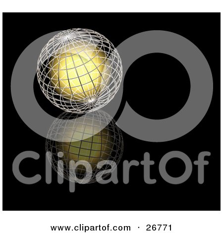 Clipart Illustration of a Bright Yellow Light Glowing Inside A Silver Wire Globe, Resting On A Reflective Black Surface by KJ Pargeter