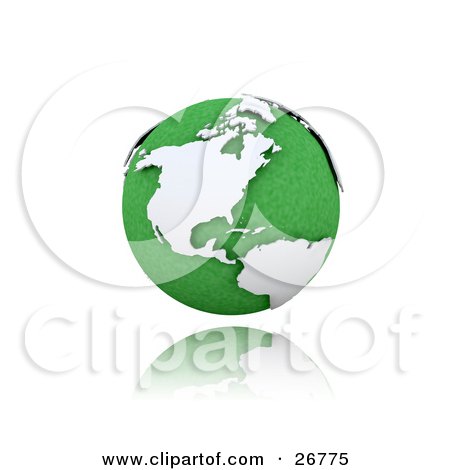 Clipart Illustration of a Green Globe Of Planet Earth With White American Continents, Suspended Over A Reflective White Surface by KJ Pargeter