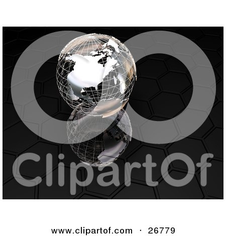 Clipart Illustration of a Chrome Wire Flame Globe On A Reflective Black Honeycomb Surface by KJ Pargeter
