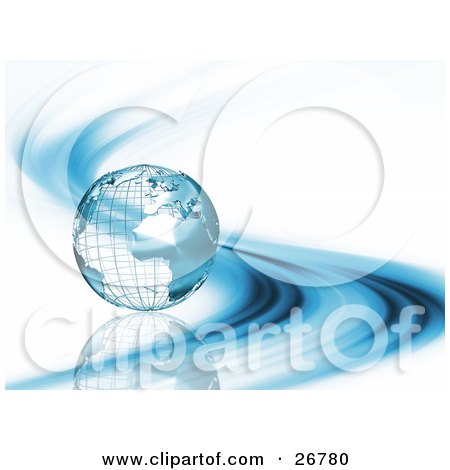 Clipart Illustration of a Metal Wire Frame Earth Globe Rolling On A Reflective Surface With Blue Curves, Over White by KJ Pargeter