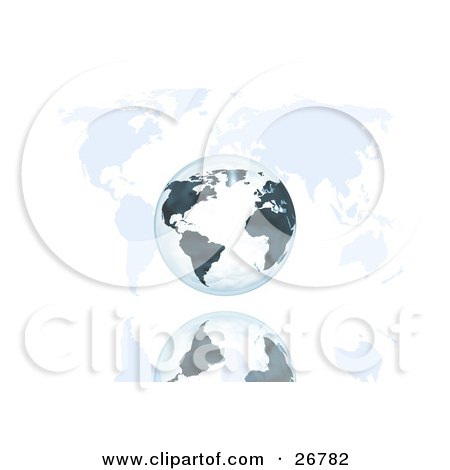 Clipart Illustration of a White And Black Globe Of Earth Over A Reflective Surface With A World Map Background by KJ Pargeter