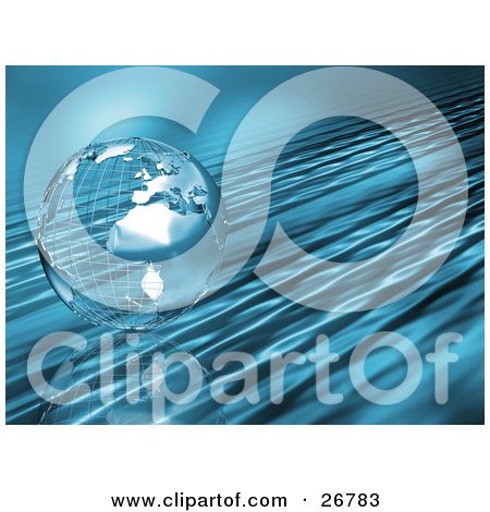 Clipart Illustration of a Chrome Wire Frame Earth Over A Rippled Liquid Background by KJ Pargeter