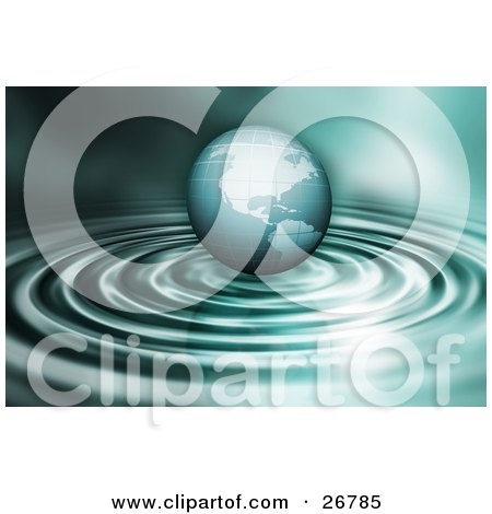 Clipart Illustration of a Green World Globe In The Center Of Rippling Waters by KJ Pargeter