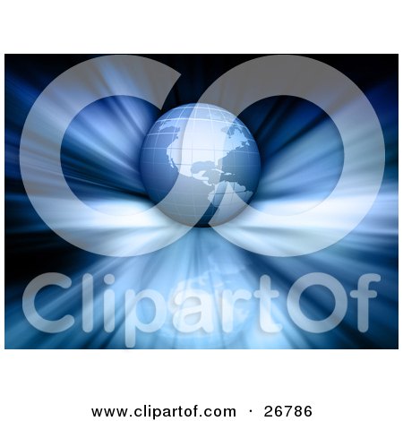 Clipart Illustration of a Blue Earth Over A Bursting And Reflective Blue And Black Background by KJ Pargeter