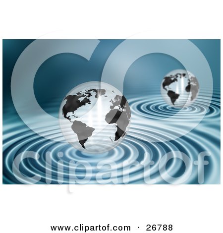 Clipart Illustration of Two Transparent White And Black Globes Over Rippling Blue Water by KJ Pargeter
