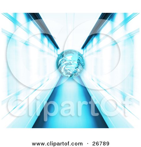Clipart Illustration of a Blue Planet Speeding Down A Hallway With Blue And White Light by KJ Pargeter