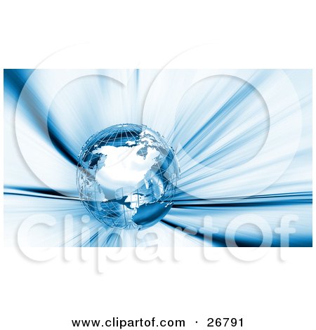Clipart Illustration of a Metal Wire Frame Globe Flying Down A Vortex Of Blue And White Light by KJ Pargeter