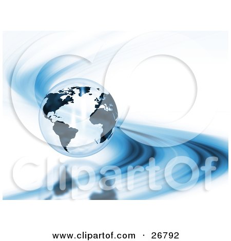 Clipart Illustration of a Transparent And Black Earth Globe Over A White Background With Blue Curves by KJ Pargeter