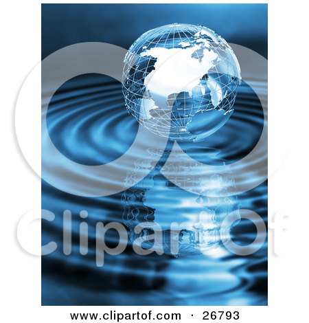 Clipart Illustration of a Silver Wire Frame Earth Globe Surrounded By Blue Rippling Water by KJ Pargeter
