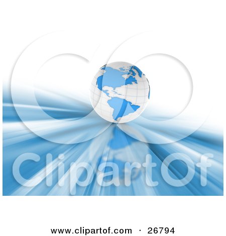 Clipart Illustration of a White And Blue Earth Globe Over A White Background On A Reflective Surface Of Blue Light by KJ Pargeter