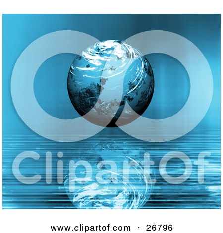 Clipart Illustration of a Blue Planet With Swirling White Clouds, Suspended Over A Blue Rippling Surface by KJ Pargeter