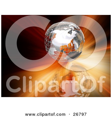 Clipart Illustration of a Silver Wire Frame Globe Over A Reflective Surface And A Bursting Red And Orange Background by KJ Pargeter