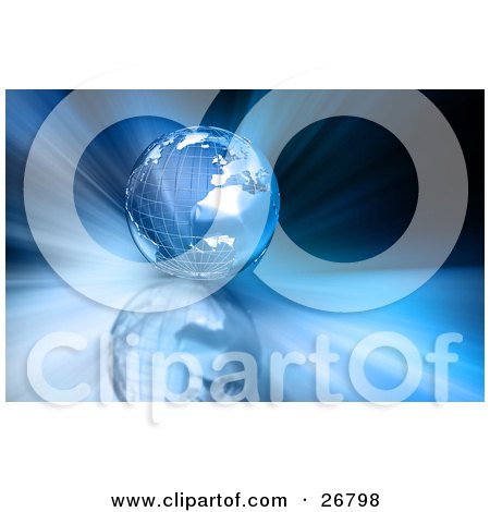 Clipart Illustration of a Blue Wire Frame Metal Globe Of Earth, Resting On A Reflective Surface With A Background Of Bursting Blue Light by KJ Pargeter