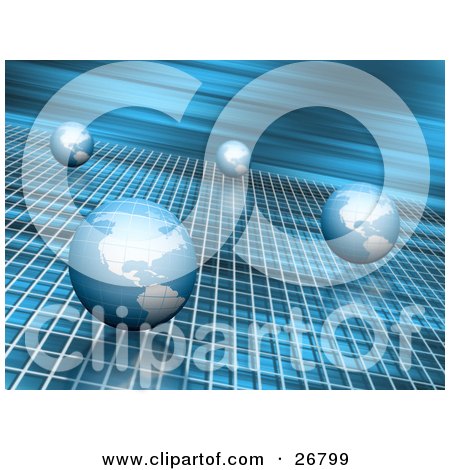Clipart Illustration of Four Blue Globes Rolling Past On A Grid With A Blurred Blue Background by KJ Pargeter