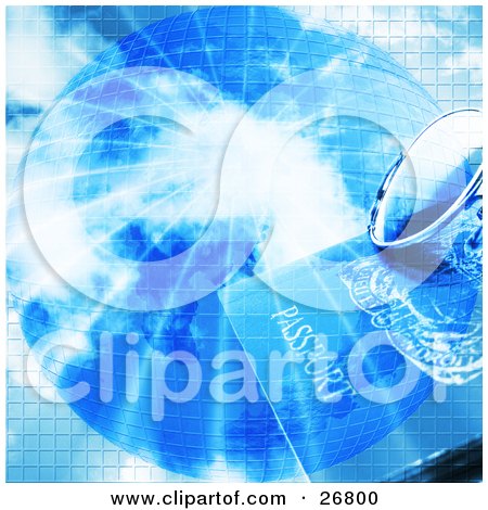 Clipart Illustration of a Pair Of Glasses And Passport Over A Blue Globe With Bursting Bright Light And A Grid Pattern by KJ Pargeter