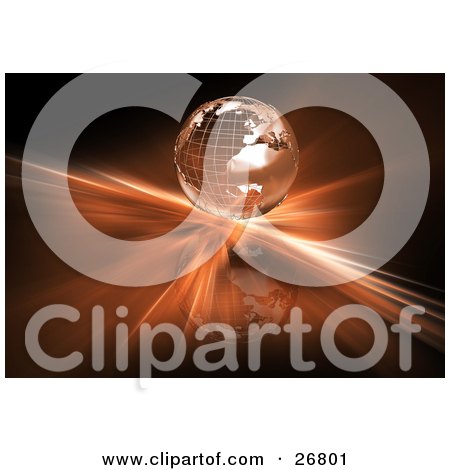 Clipart Illustration of a Metal Wire Frame Globe On A Reflective Surface With An Orange Burst Of Light by KJ Pargeter
