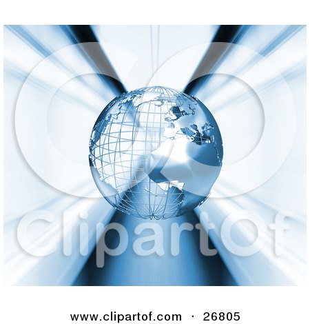 Clipart Illustration of a Metal Wire Frame Earth Globe Rushing Through A Vortex Of Blue And White Light by KJ Pargeter