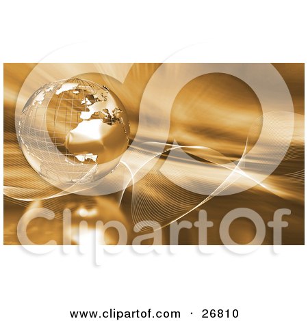 Clipart Illustration of a Metal Wire Frame Globe Of Earth Over A Golden Background With Waves And Gold Light by KJ Pargeter