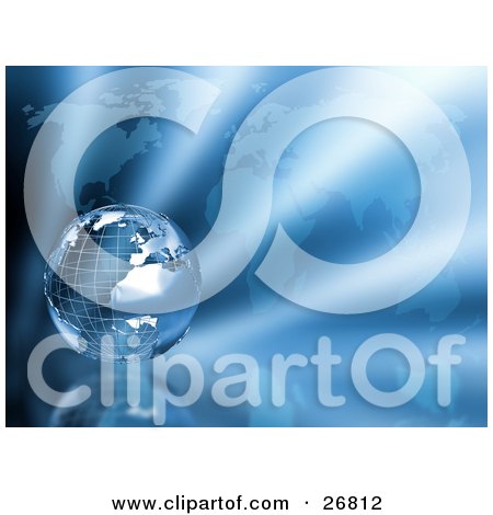 Clipart Illustration of a Silver Wire Frame Earth Globe Reflecting Light Over A Blue World Map by KJ Pargeter