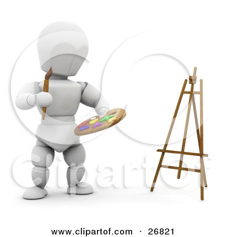 Clipart Illustration of a White Character Standing By An Easel And Holding A Paintbrush And Paint Palette by KJ Pargeter