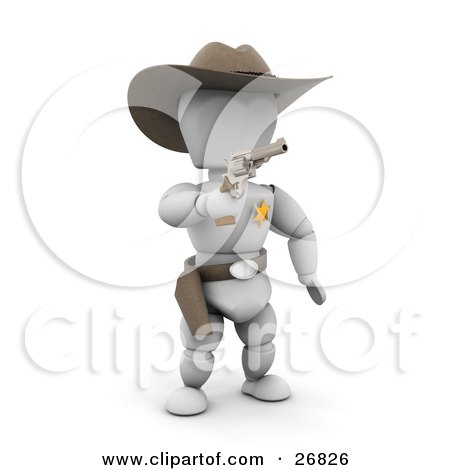 Clipart Illustration of a Western Sheriff White Character In A Stetson Hat, Holding A Pistil And Warning A Criminal To Surrender by KJ Pargeter