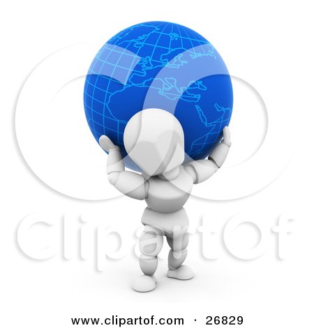 Clipart Illustration of a White Character Carrying A Heavy Blue Globe On His Back by KJ Pargeter