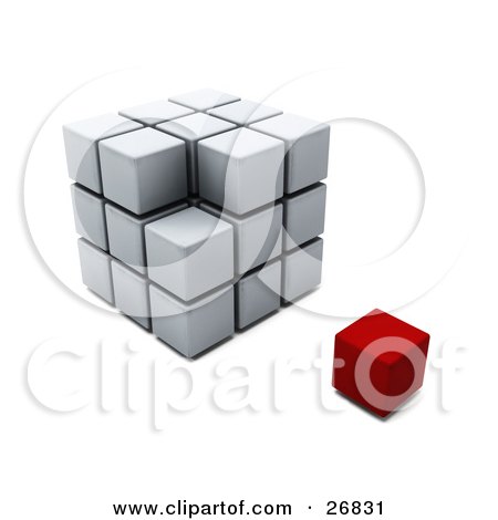 Clipart Illustration of a Red Block Resting Beside An Incomplete Puzzle Cube by KJ Pargeter