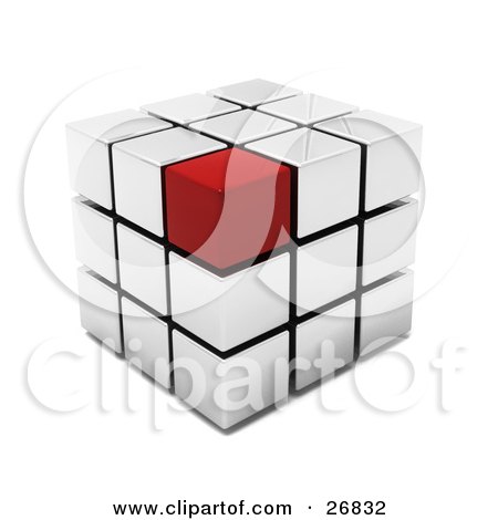 Clipart Illustration of a Red Block On The Corner Of A White Puzzle Cube by KJ Pargeter