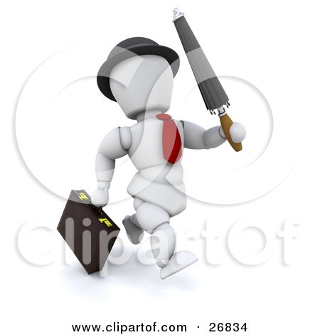 Clipart Illustration of a White Character Businessman In A Red Tie, Running With An Umbrella And A Briefcase by KJ Pargeter