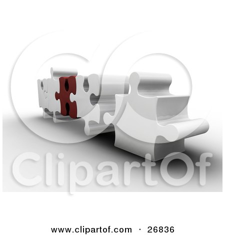 Clipart Illustration of Red And White Jigsaw Puzzle Pieces Connected, Symbolizing Compatibility by KJ Pargeter