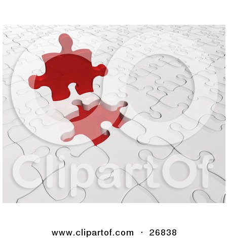 Clipart Illustration of a Red Jigsaw Puzzle Piece Resting On Top Of A White Puzzle by KJ Pargeter