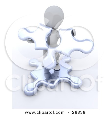 Clipart Illustration of a White Character Standing On A Jigsaw Puzzle Piece And Holding Another by KJ Pargeter