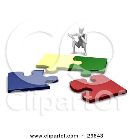 Clipart Illustration of a White Figure Character Crouching In Front Of Four Colorful Jigsaw Pieces by KJ Pargeter