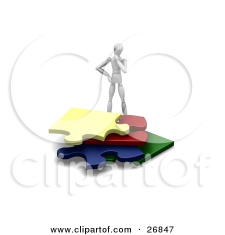 Clipart Illustration of a White Figure Character Wondering How To Fit Four Colorful Jigsaw Pieces In A Pile by KJ Pargeter