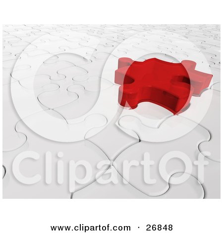 Clipart Illustration of a Red Jigsaw Puzzle Piece Hovering Above A Space On A White Puzzle by KJ Pargeter