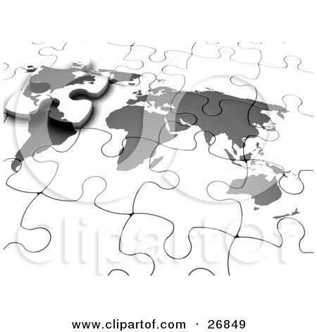 Clipart Illustration of a Final North America Piece Of A Gray And White World Map Jigsaw Puzzle Sliding Into Its Space by KJ Pargeter